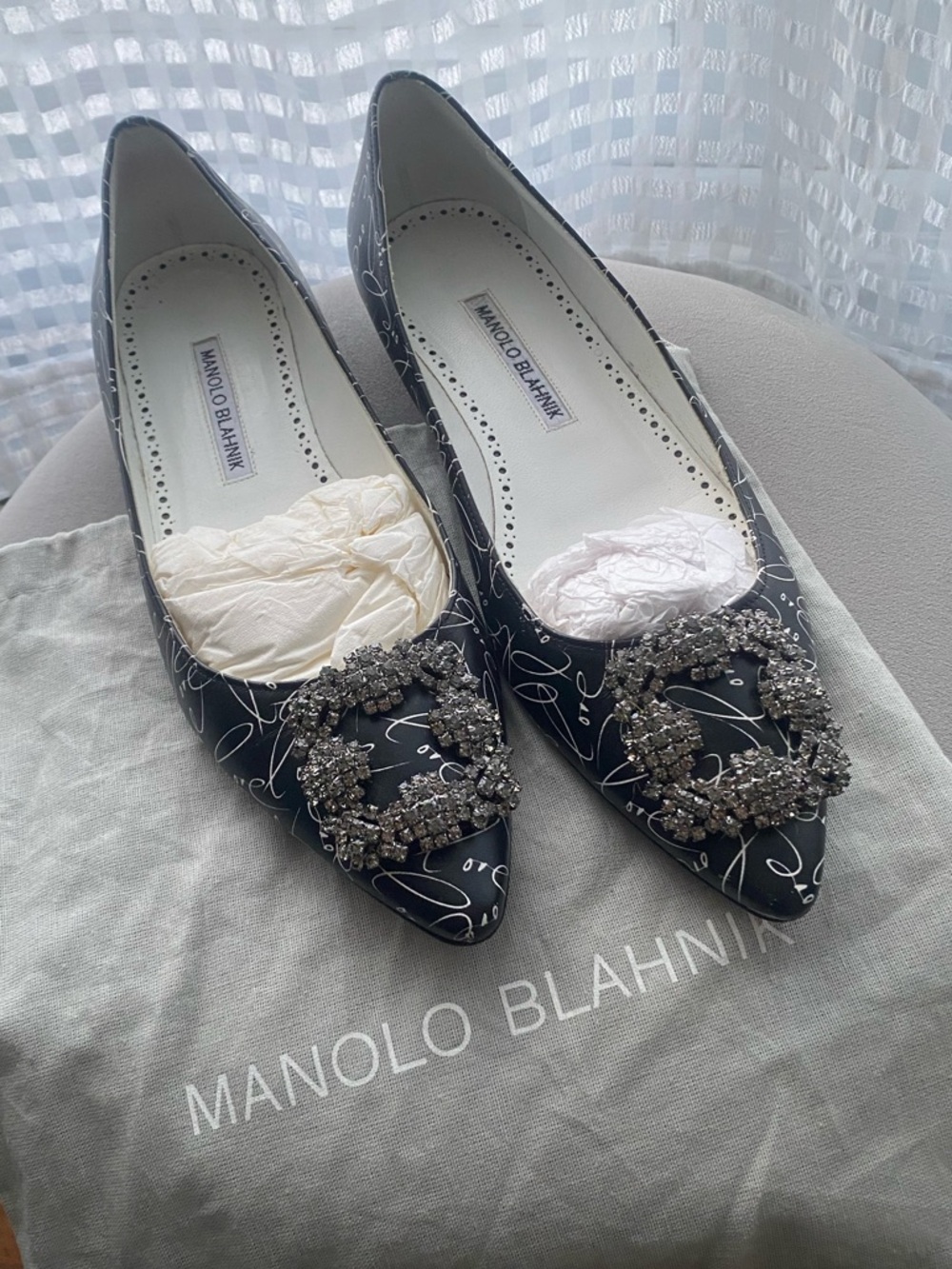 Manolo Blahnik Black Embellished Pointed Toe Flats